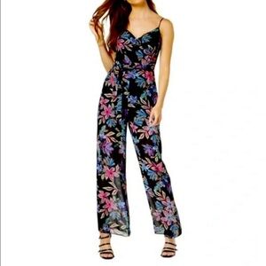 Guess Black and Floral Jumpsuit with Sweetheart Neckline Size 6